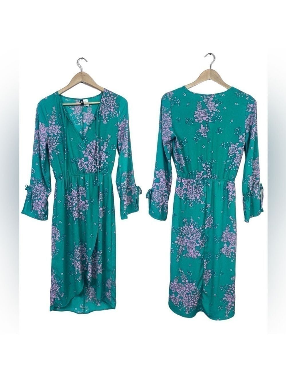 H&M Divided Green V-Neck Floral Maxi Dresses Size 6 Long Sleeves